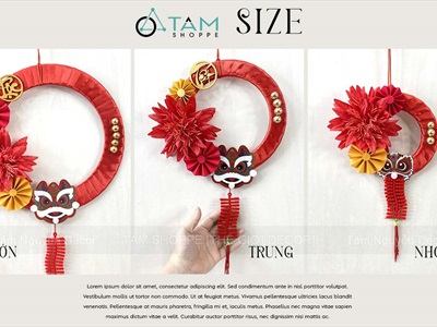 Vòng treo cửa Tết Hoa Cúc Râu ruy băng Đỏ Đầu Lân [Nhẹ - 3 Size] ĐK 16 - 30cm VTC-T-49